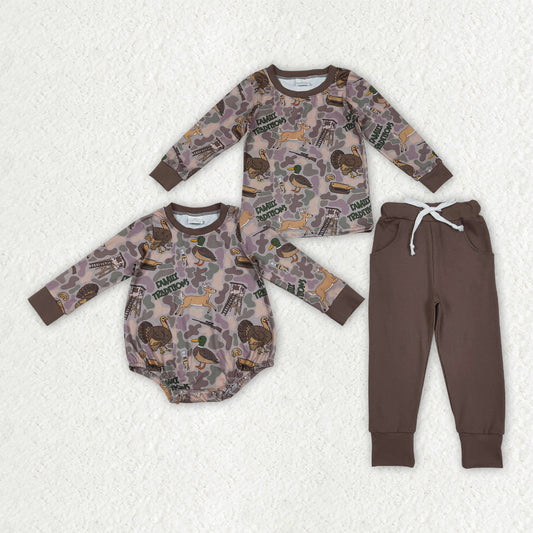 Sibling Baby Boys Brown Turkey Ducks Camo Top Pockets Pant Hunting Clothes Sets Rompers
