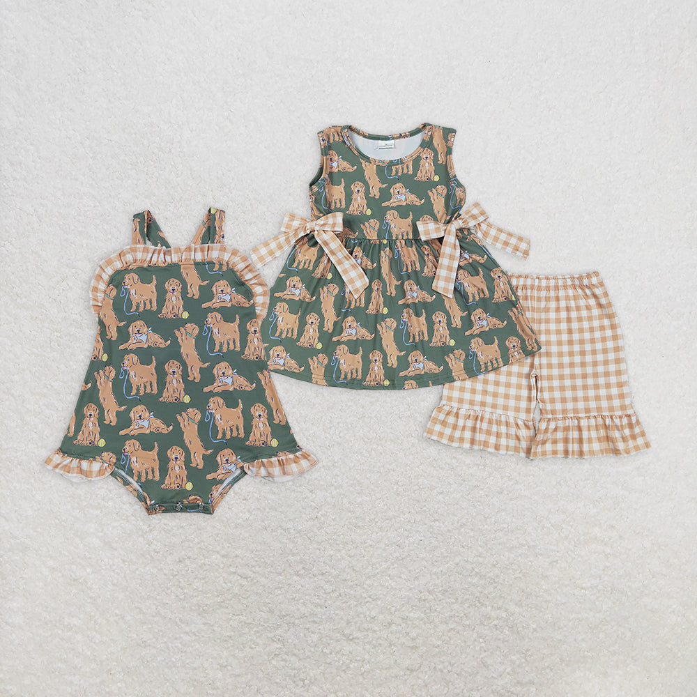 Sibling Baby Girls Green Sleeveless Dogs Bows Tunic Khaki Plaid Ruffle Shorts Sets Rompers