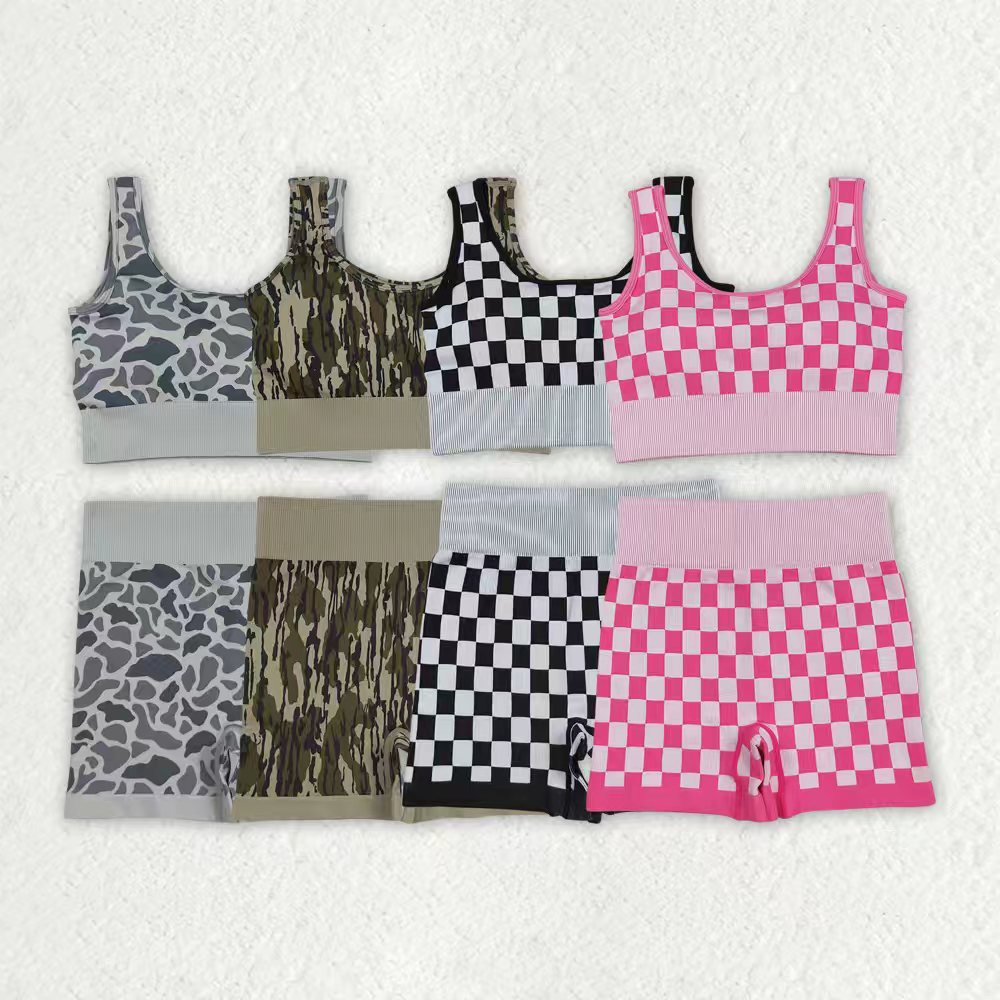 Sibling Adult Women Checkered Camo Crop Bra Top Shorts Yoga Outfits Sets