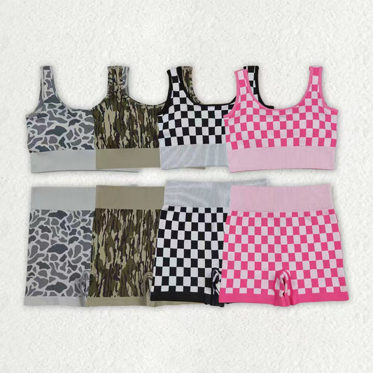 Sibling Adult Women Checkered Camo Crop Bra Top Shorts Yoga Outfits Sets