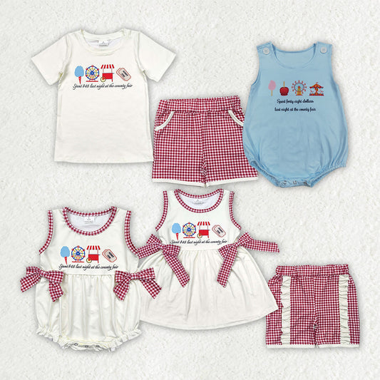 Sibling Baby Kids Ice Cream Store Top Red Plaid Pockets Shorts Sets Rompers