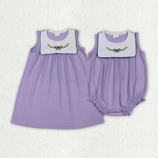 Sibling Baby Girls Mardigras Lavender Embroidery Bows Knee Length Dress Ruffle Rompers