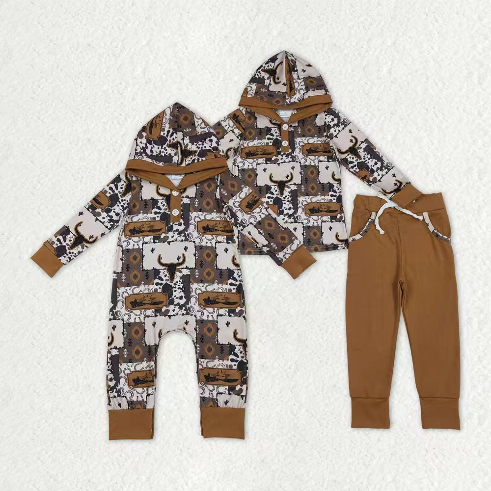 Sibling Baby Boys Aztec Bull Skull Western Clothes Sets Hoodies Footie Rompers