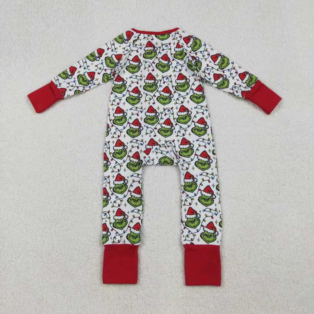 Sibling Baby Boys Green Faces Lights Christmas Pajamas Sets Zipper Footie Rompers