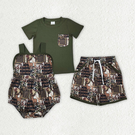 Sibling Baby Boys Shirt Top Deer Hats Camo Pockets Short Hunting Clothes Set Strap Rompers