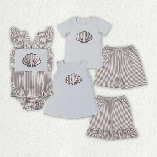 Sibling Baby Boys Girls Embroidery Stripe Shells Top Shorts Clothes Sets