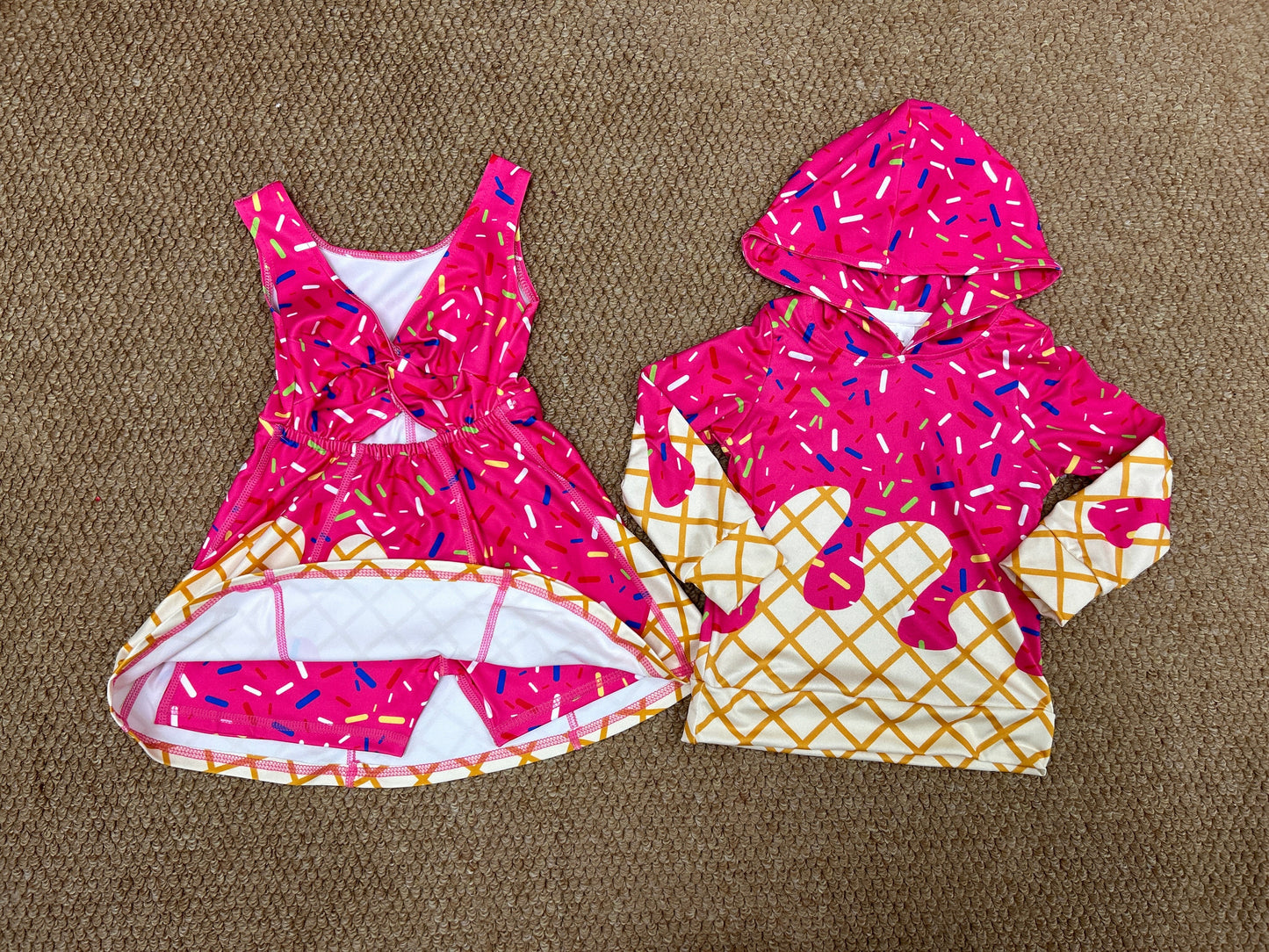 Sibling Baby Kids Pink Drip Team Hoodies Top Yoga Short Knee Length Dresses