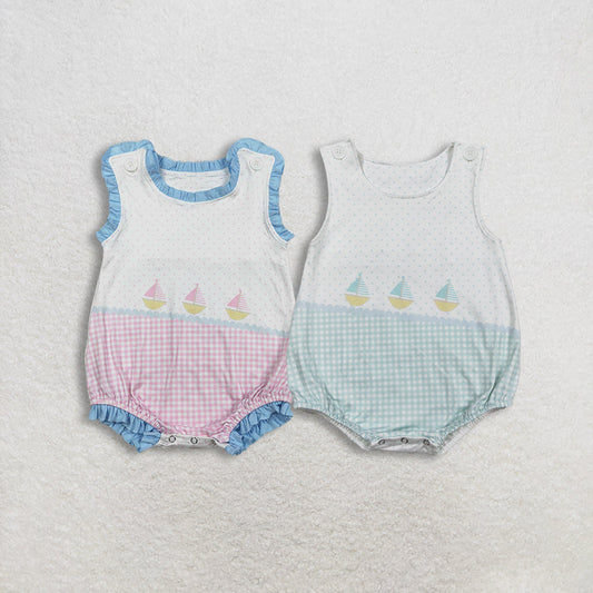 Sibling Baby Boys Girls Sleeveless Boats Polka Dots Checked Rompers