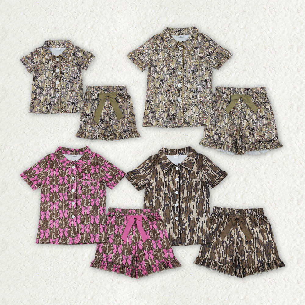 Sibling Family Mama Girls Southern Camo Bows Button Pocket Ruffle Shorts Pajamas Sets