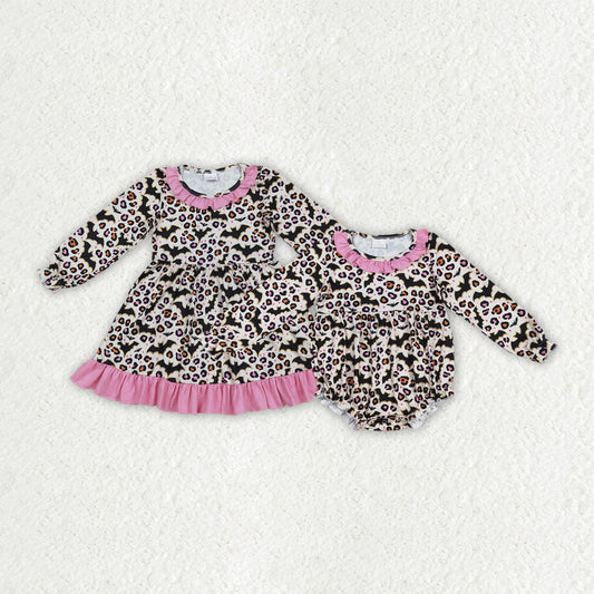 Sibling Baby Girls Bats Leopard Halloween Ruffle Knee Length Dresses Romper