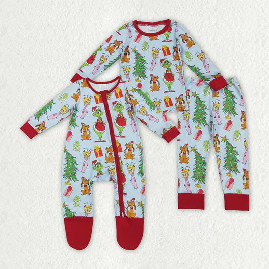 Sibling Baby Boys Green Face Miss Christmas Pajamas Set Zipper Footed Romper