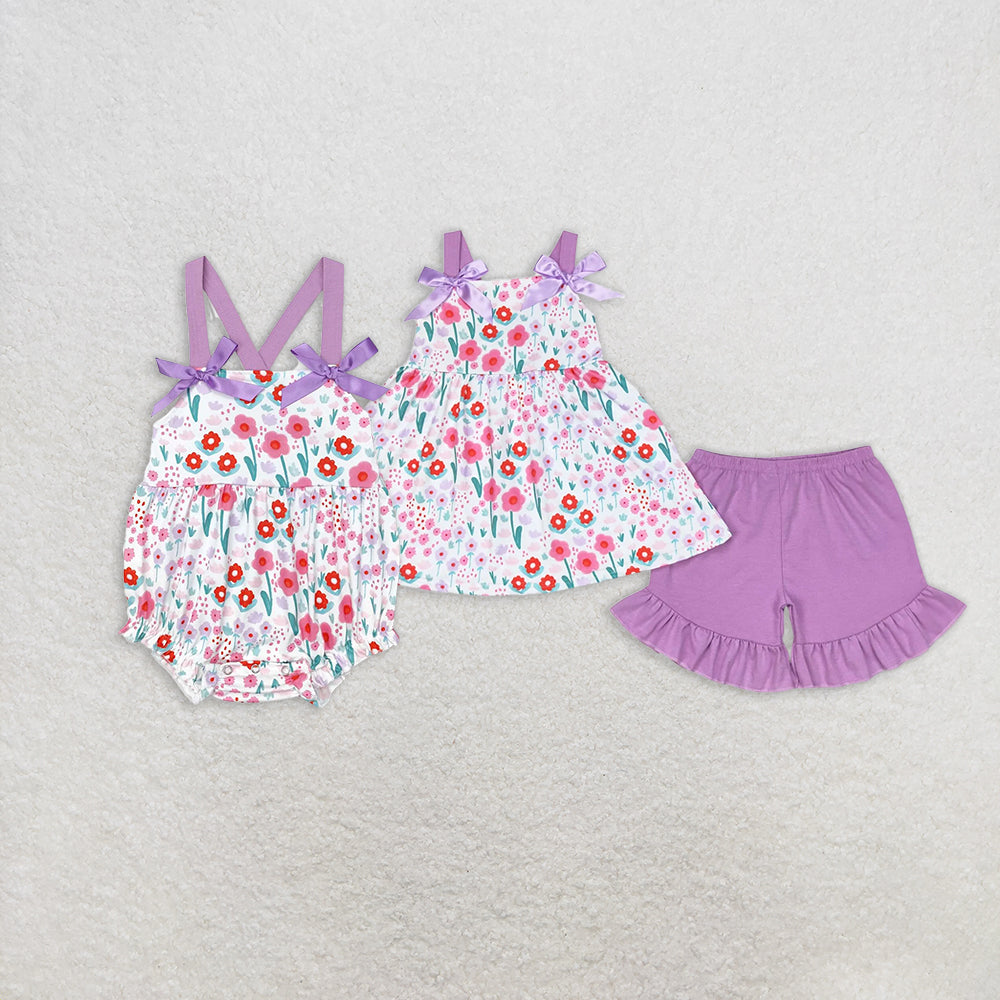 Sibling Baby Girls Pink Tulip Flowers Bows Tunic Shorts Clothes Sets Rompers
