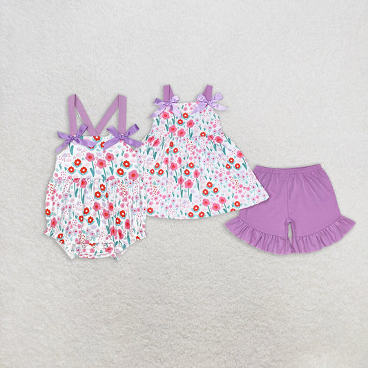 Sibling Baby Girls Pink Tulip Flowers Bows Tunic Shorts Clothes Sets Rompers