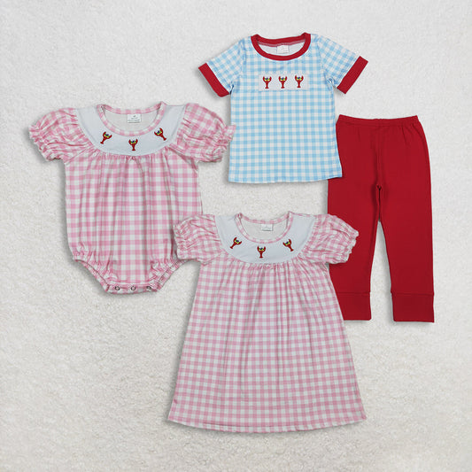 Sibling Baby Boys Girls Embroidery Anchor Crayfishes Mardigras Checked Clothes Set Dress Romper