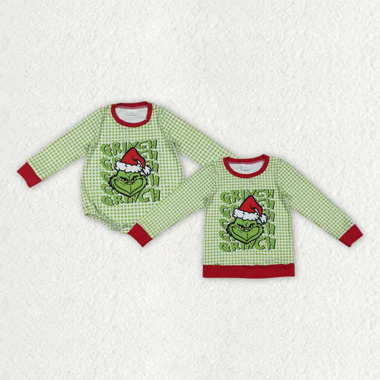Sibling Baby Boys Green Faces Christmas Checked Tee Shirts Top Rompers