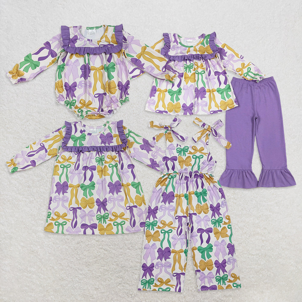 Sibling Baby Girls Mardigras Bows Ruffle Pants Clothes Set Jumpsuits Knee Length Dress Rompers