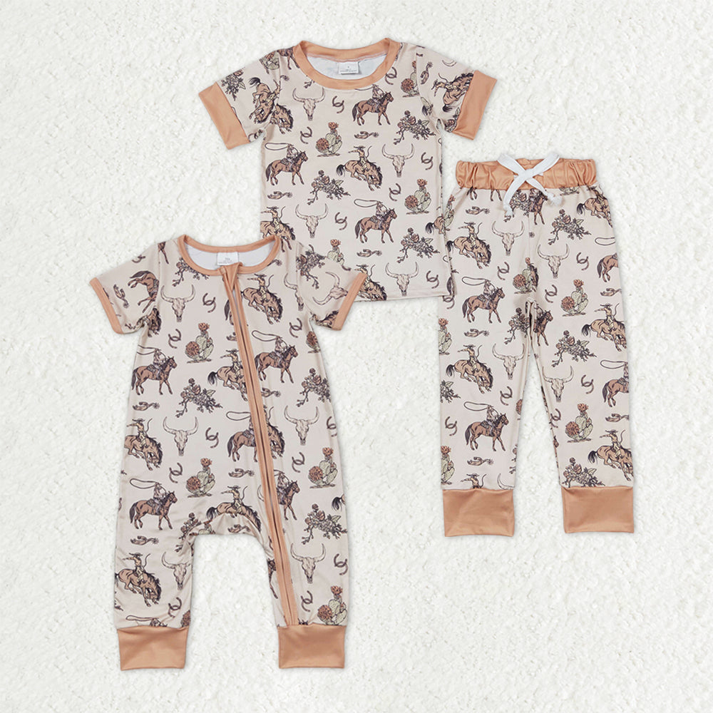 Sibling Baby Boys Horses Cows Pants Western Pajamas Set Zipper Rompers
