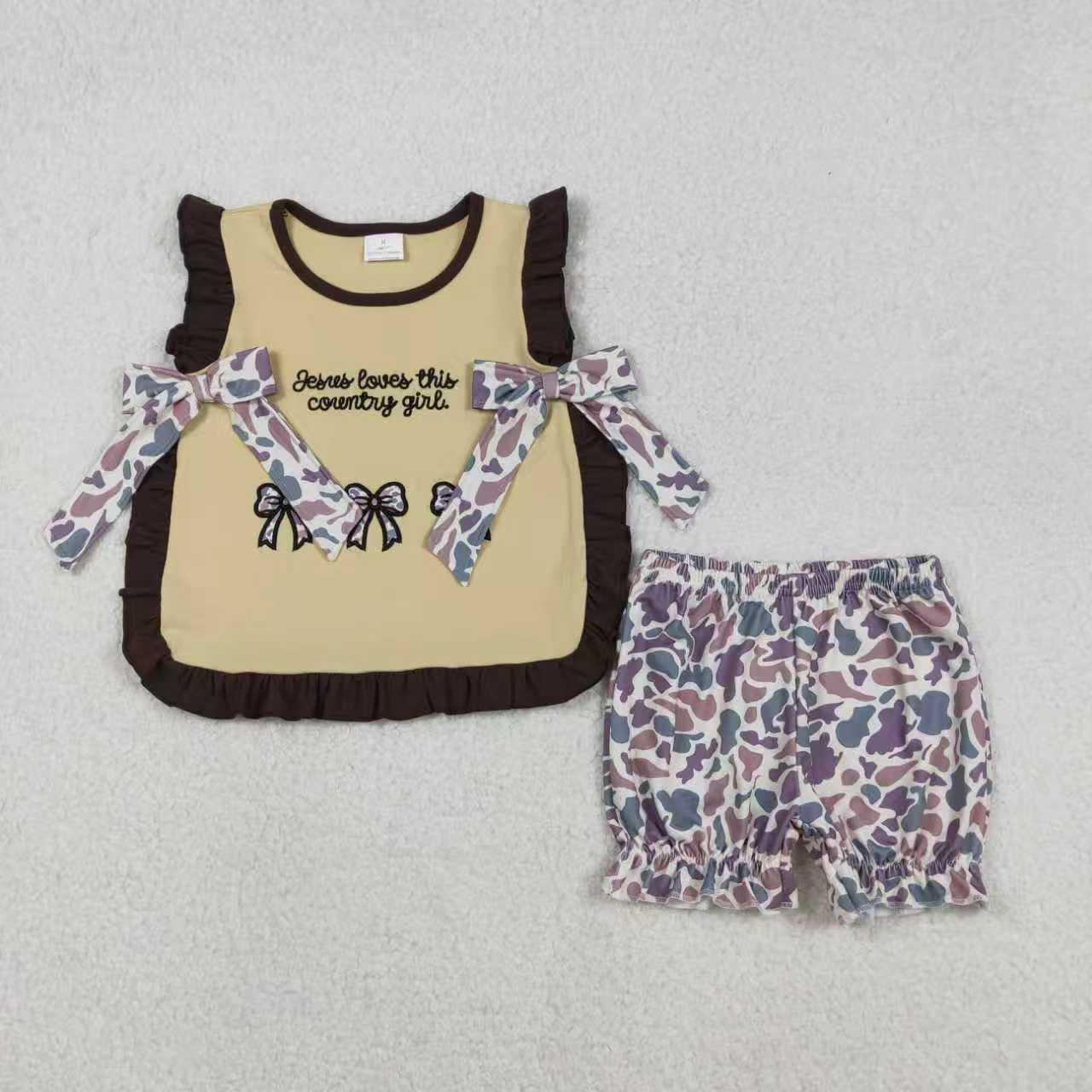 Sibling Baby Girls Embroidery Country Girls Camo Bows Shorts Western Clothes Sets Ruffle Rompers