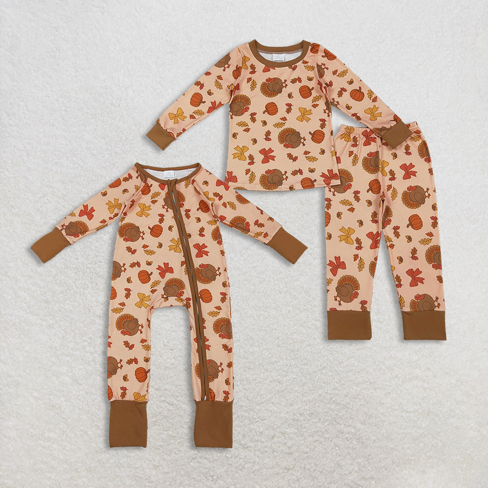 Sibling Baby Girls Turkey Pumpkins Top Pant Thanksgiving Pajamas Sets Zip Rompers