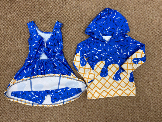 Sibling Baby Kids Blue Drip Team Hoodies Top Yoga Short Knee Length Dresses