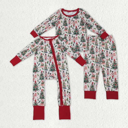 Sibling Baby Boys Christmas Trees Soldiers Gifts Top Pants Pajamas Sets Zipper Footie Rompers