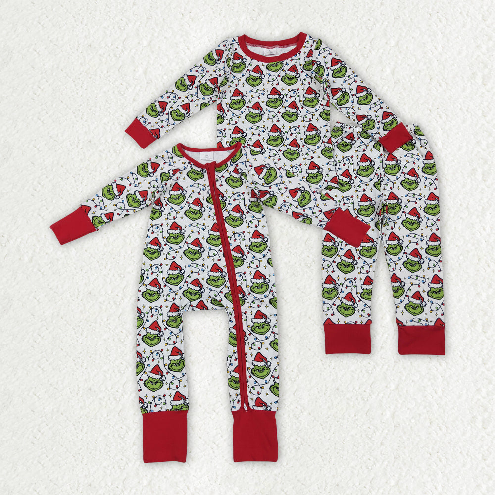 Sibling Baby Boys Green Faces Lights Christmas Pajamas Sets Zipper Footie Rompers