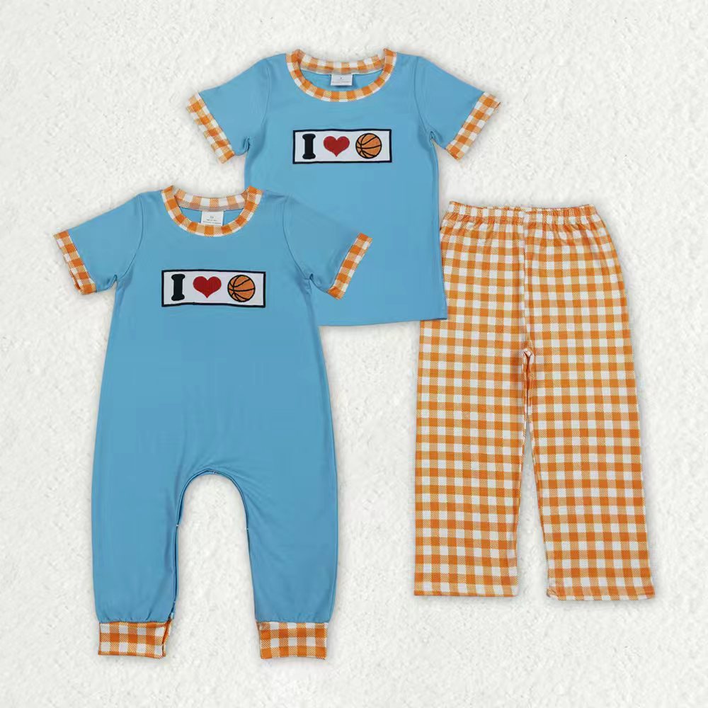 Sibling Baby Boys Embroidery I Love Basketballs Top Checked Pants Team Clothes Set Footie Rompers