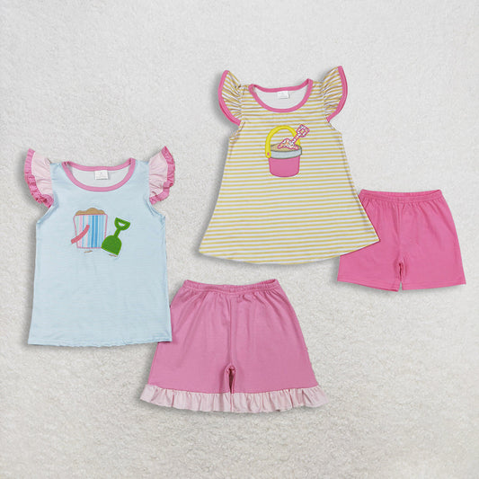 Sibling Baby Girls Embroidery Beach Stripe Tunic Ruffle Shorts Clothes Sets