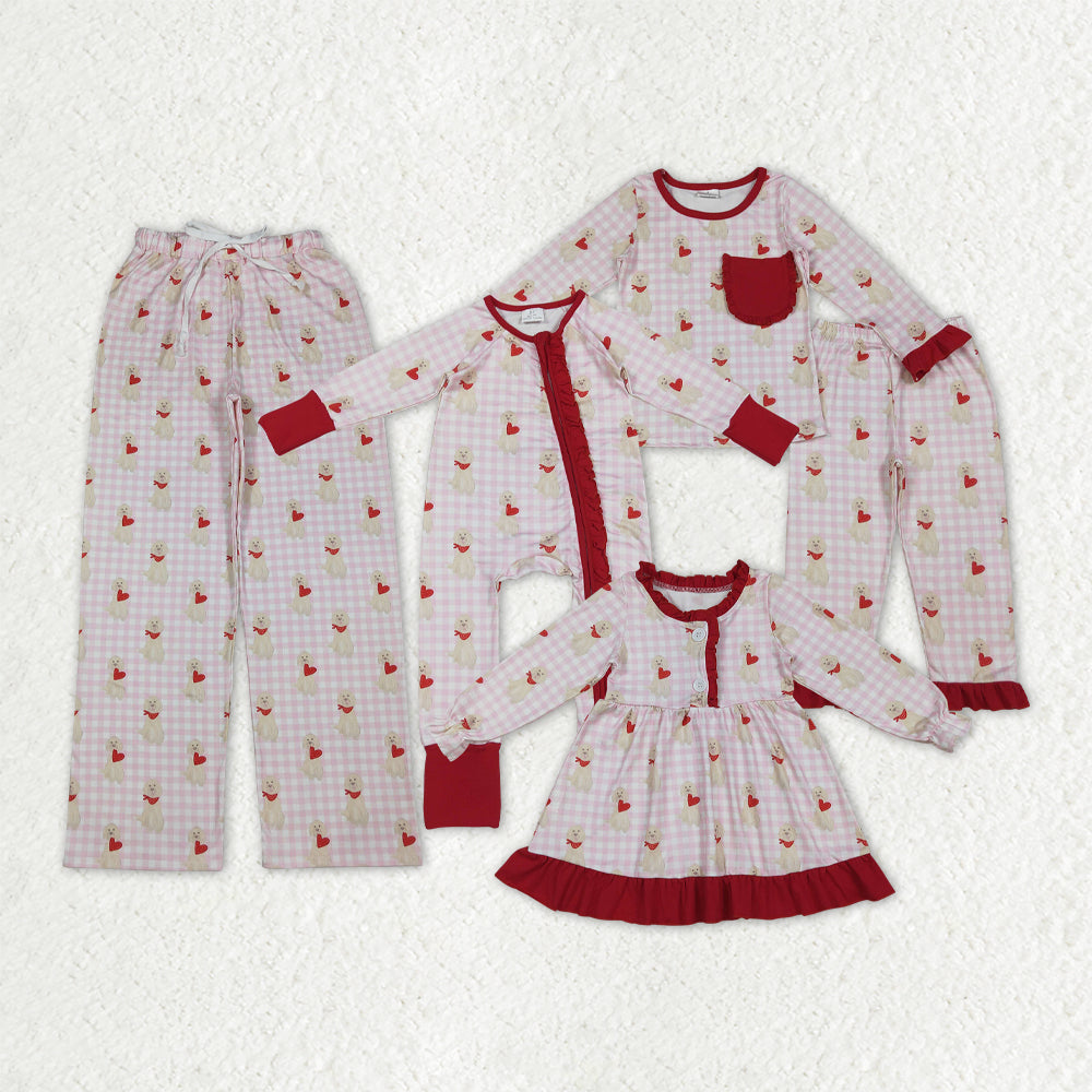 Mama and Me Girls Hearts Dogs Valentine Pajamas Set Ruffle Dress Zipper Romper Mamas Pants Bottom