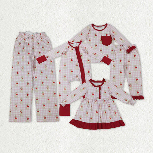Mama and Me Girls Hearts Dogs Valentine Pajamas Set Ruffle Dress Zipper Romper Mamas Pants Bottom