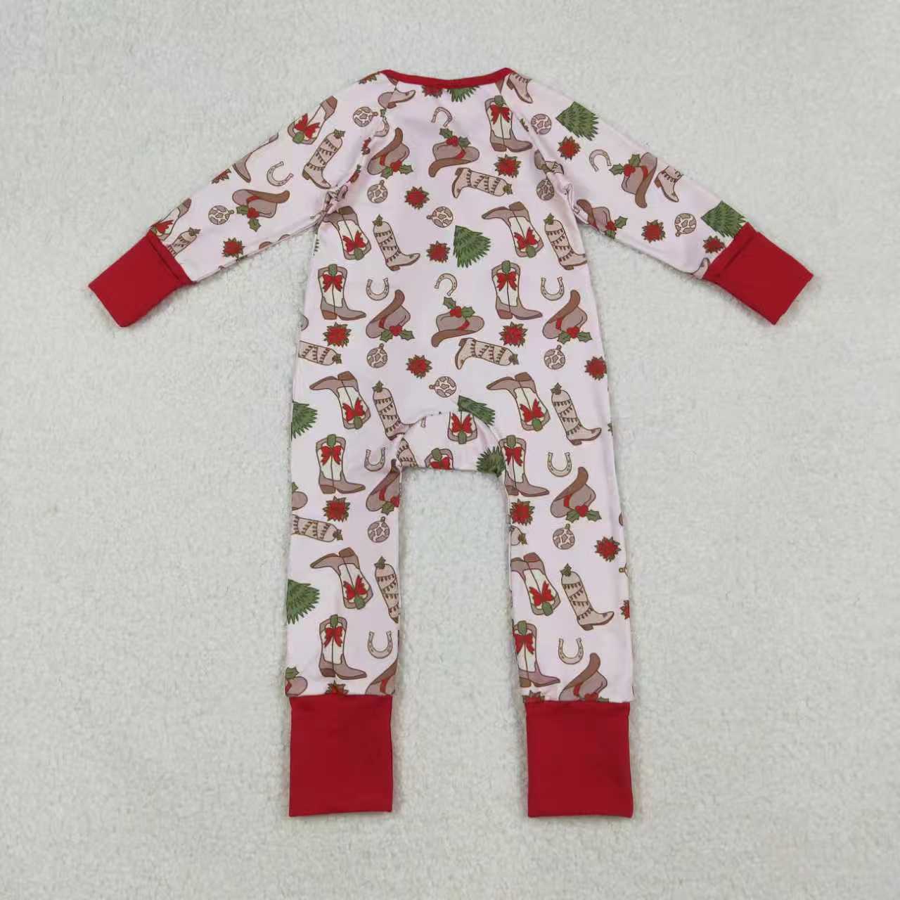 Sibling Baby Girls Boots Holly Trees Christmas Knee Length Dress Zipper Rompers Pajamas Sets