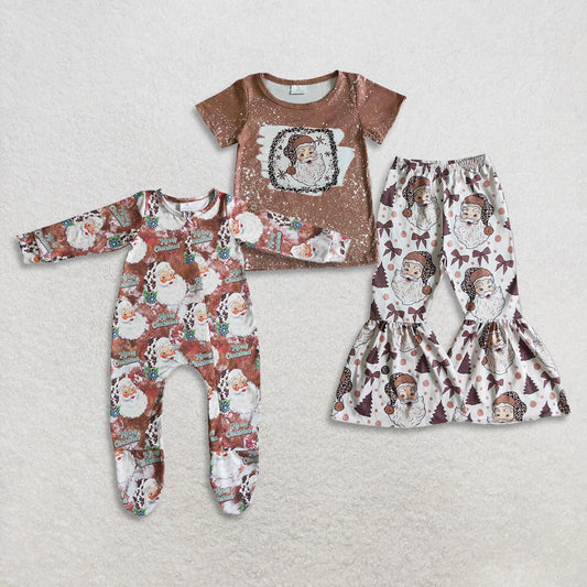 Sibling Baby Girls Leopard Santa Bell Bottom Pants Clothes Set Zipper Footed Rompers