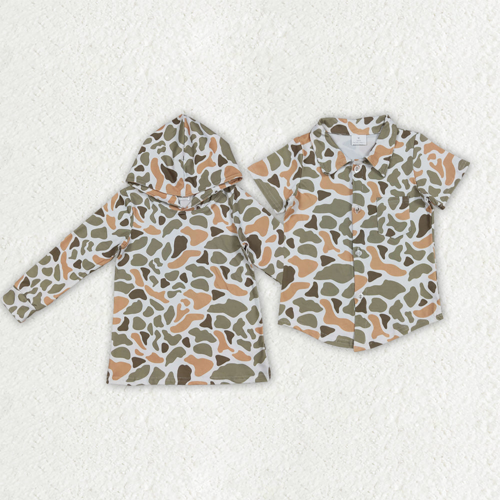 Sibling Baby Boys Green Khaki Camo Long Sleeve Hooded Shirts Tops