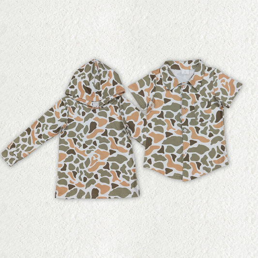 Sibling Baby Boys Green Khaki Camo Long Sleeve Hooded Shirts Tops