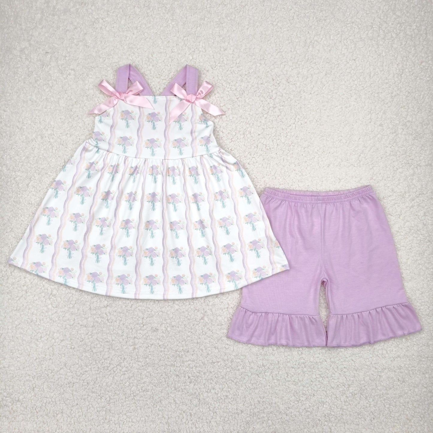 Sibling Baby Girls Lavender Strap Floral Stripe Tunic Ruffle Shorts Sets Rompers