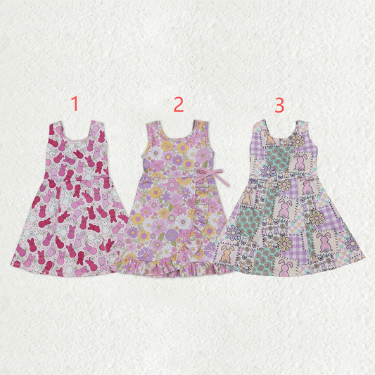 Sibling Baby Girls Sleeveless Rabbits Flowers Yoga Active Shorts Ruffle Knee Length Dresses