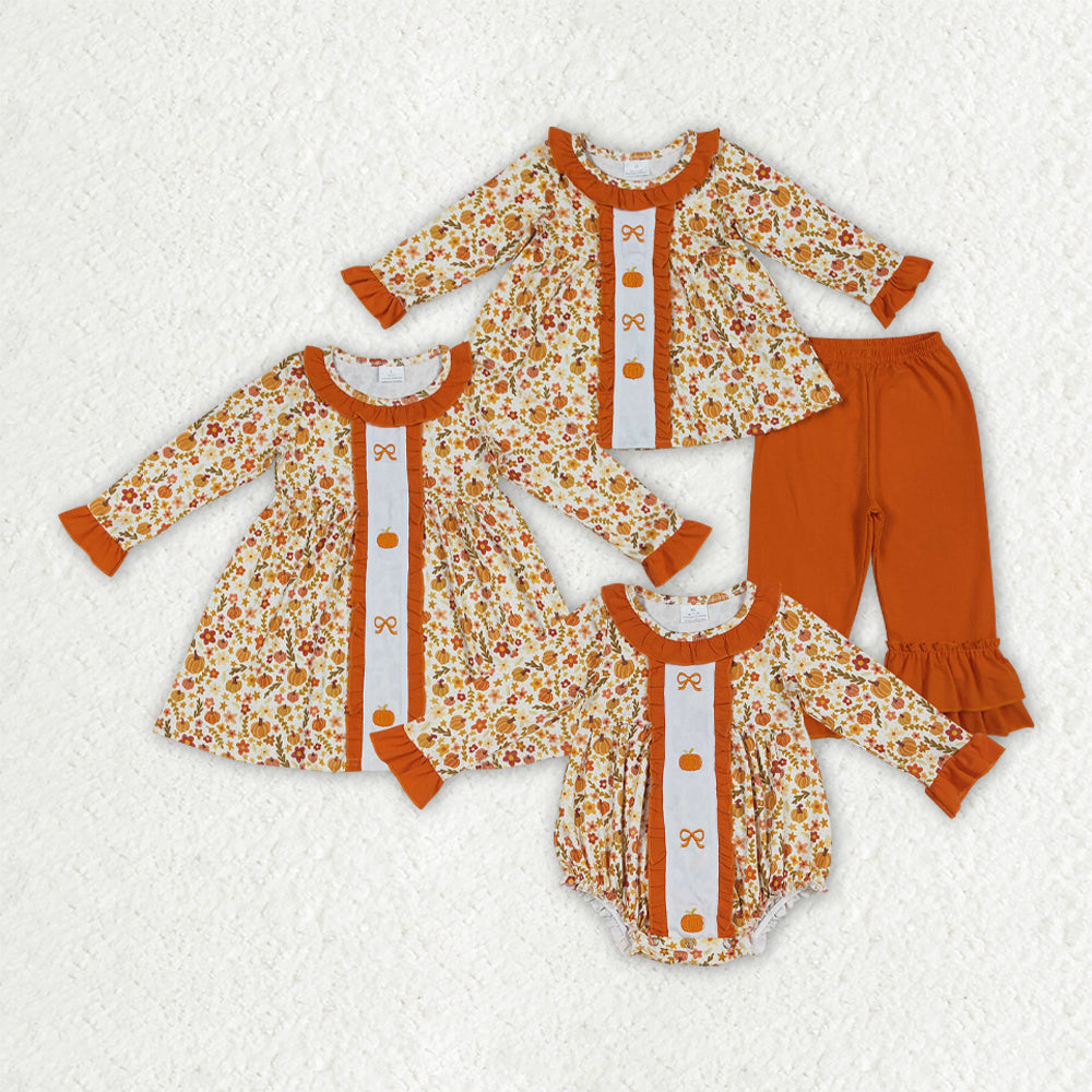 Sibling Embroidery Baby Girls Fall Bows Pumpkins Tunic Pants Set Knee Length Dress Rompers