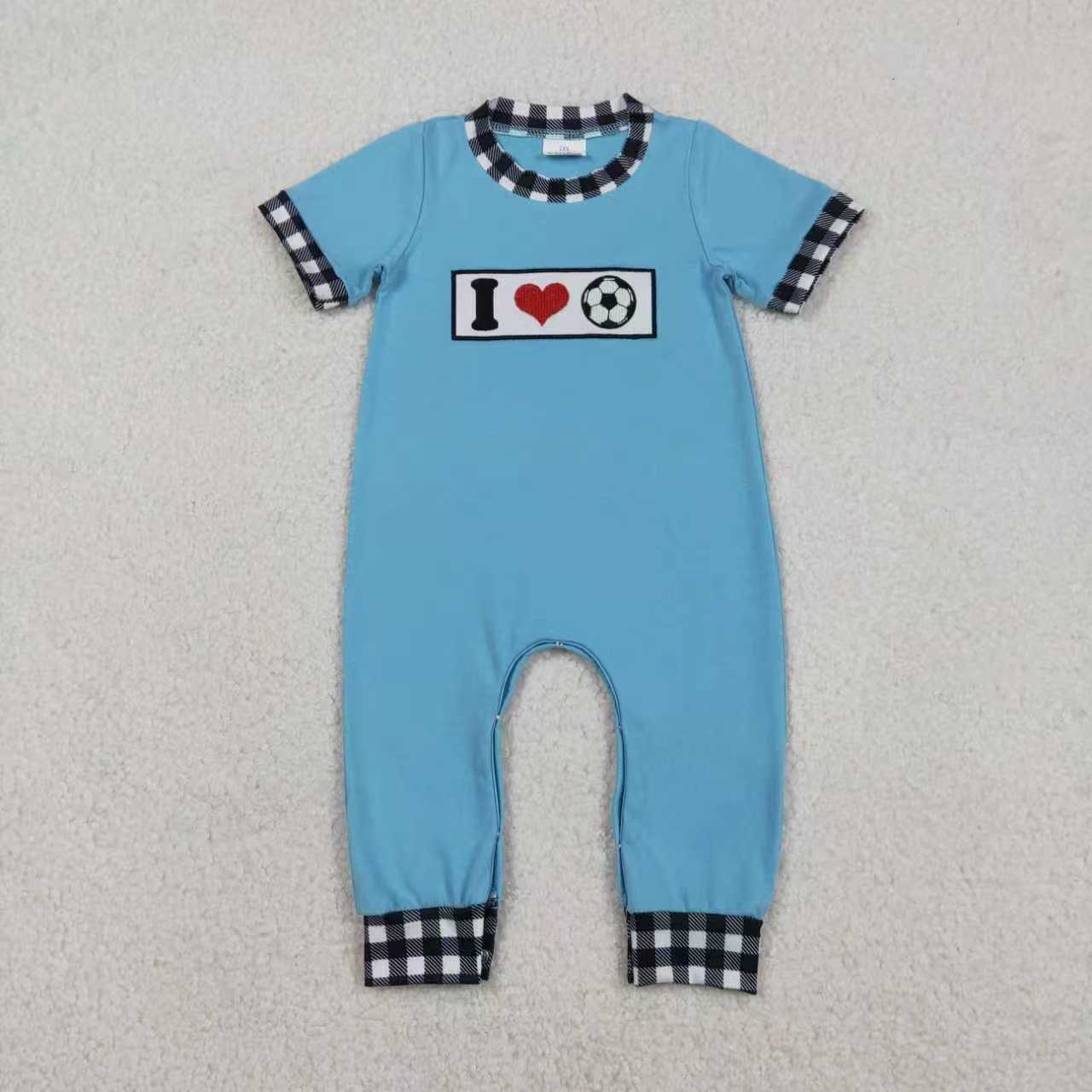 Sibling Baby Boys Embroidery I Love Balls Top Checked Pants Team Clothes Set Footie Rompers
