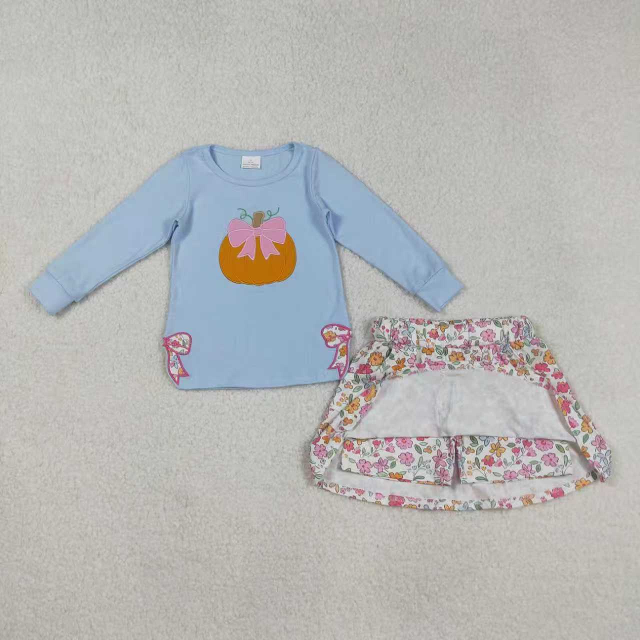 Sibling Embroidery Bows Ghosts Pumpkins Baby Girls Shirts Top Flowers Leopard Skorts Fall Clothes Sets