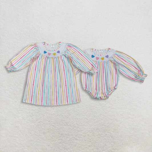 Sibling Baby Girls Colorful Stripe Embroidery Hearts Ruffle Sleeve Knee Length Dress Rompers