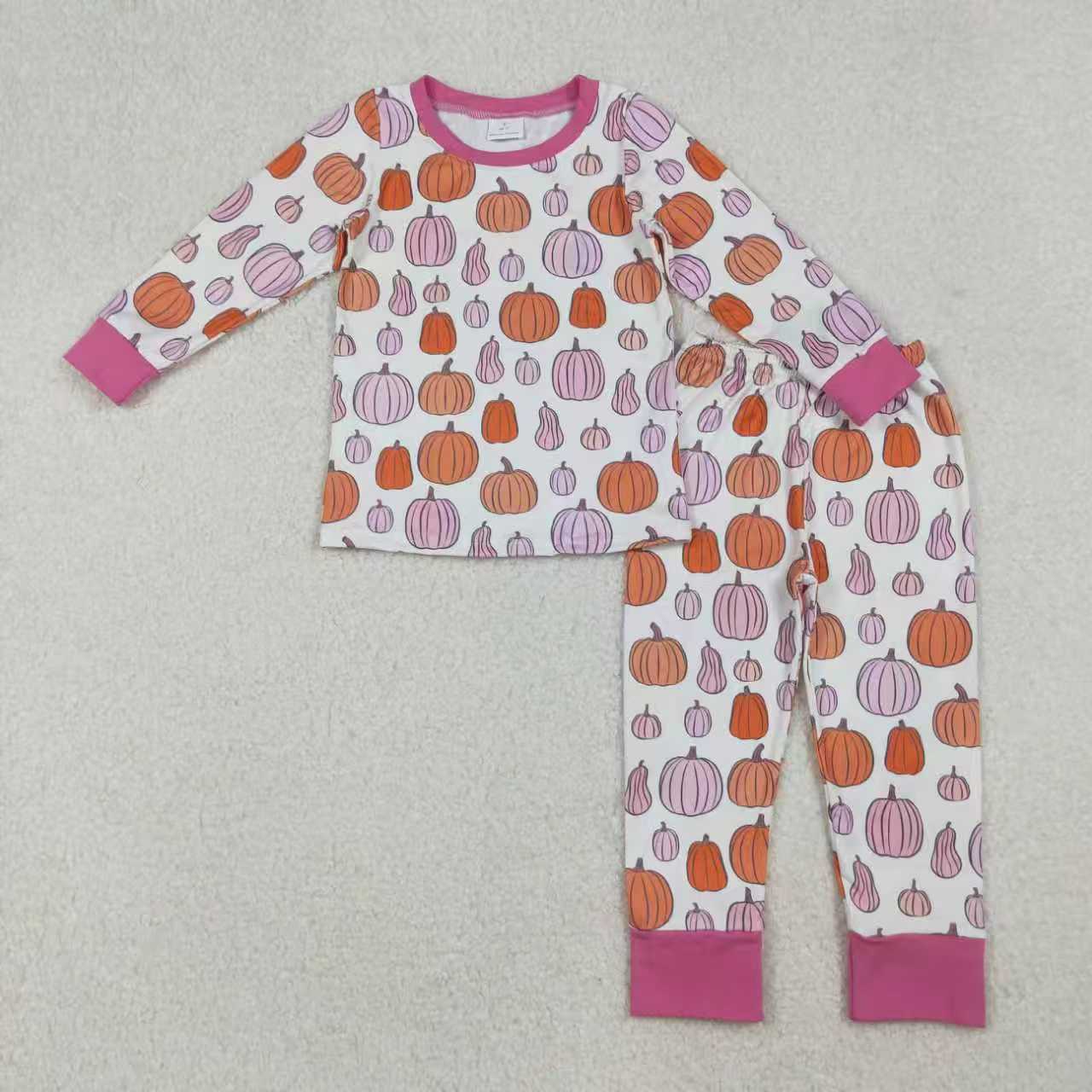 Sibling Baby Girls Pink Pumpkins Fall Pajamas Sets Ruffle Zipper Footie Rompers