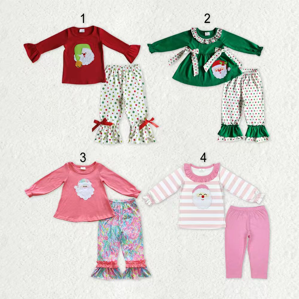 Embroidery Santa Sibling Baby Girls Tunic Top Pants Christmas Pajamas Clothes Sets