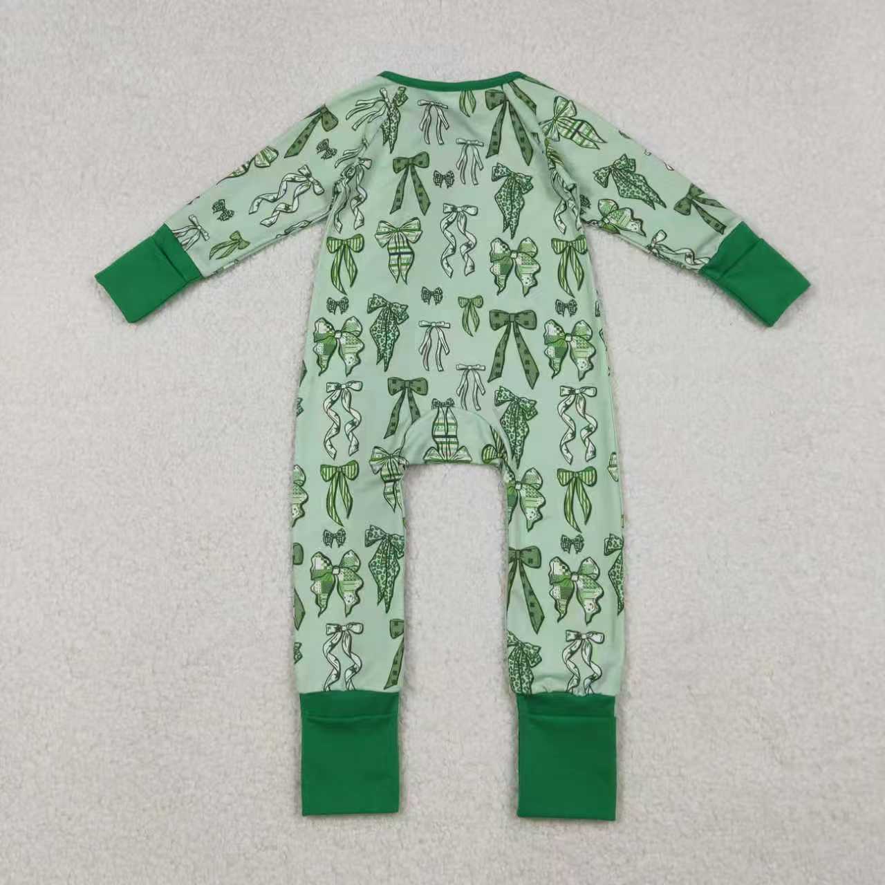 Sibling Baby Girls Green Clovers Bows Top Pants St Patrick Pajamas Sets Zipper Rompers