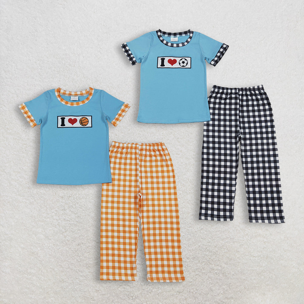 Sibling Baby Boys Embroidery I Love Balls Top Checked Pants Team Clothes Sets
