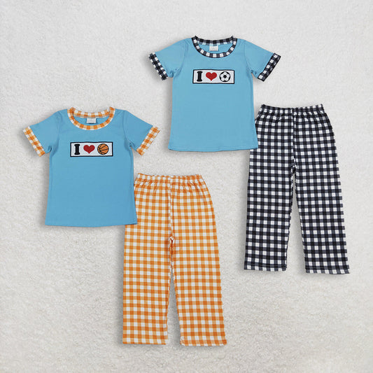 Sibling Baby Boys Embroidery I Love Balls Top Checked Pants Team Clothes Sets