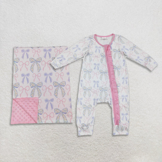 Sibling Baby Girls Floral Bows Plaid Ruffle Zipper Footie Rompers Blankets