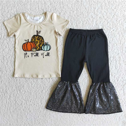 girls pumpkin tops sequin patchwork bottoms sets A0-11