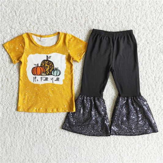 girls pumpkin tops sequin patchwork bottoms sets A2-12