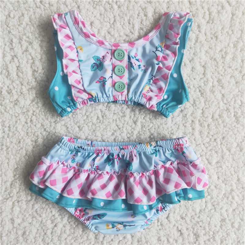 blue floral Ruffle Girl Swimsuit A6-4