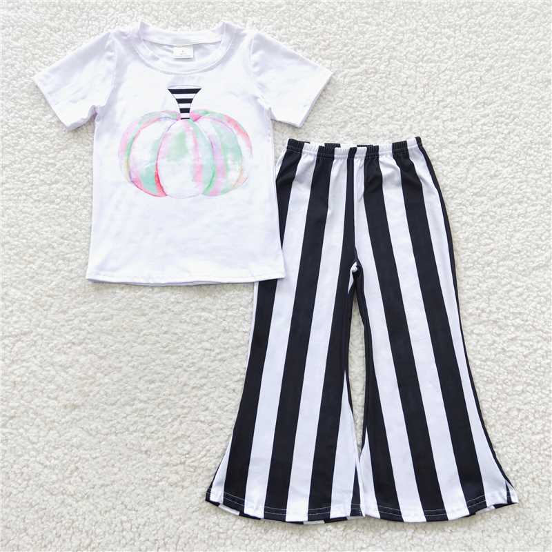 girls pumpkin tops black striped bottoms sets A7-5